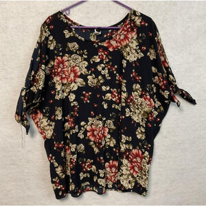 Banabee Shirt Womens 1X Navy Blue Floral Split Sleeve Tunic Blouse Top Boho VTG